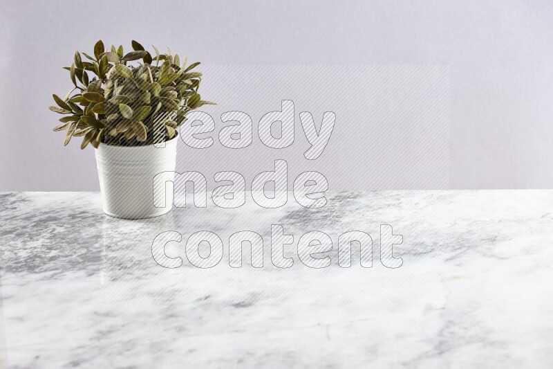 Green artificial plant in white pot on light grey marble background