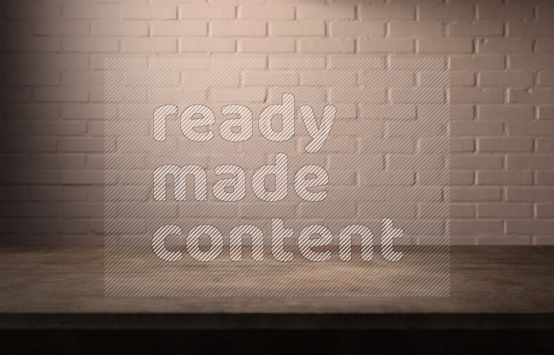 A wooden table top with colored brick wall background
