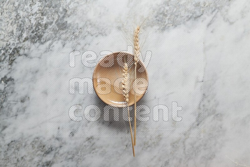 Wheat stalks on multicolored pottery plate on grey marble background