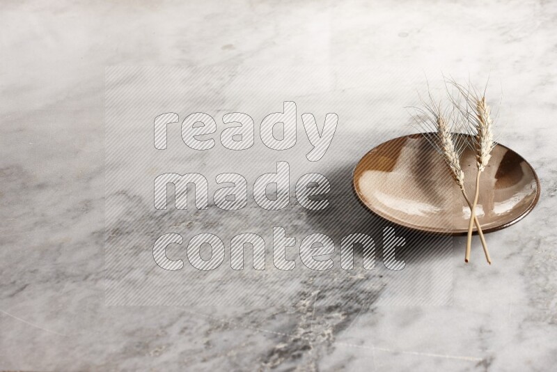 Wheat stalks on multicolored pottery plate on grey marble background