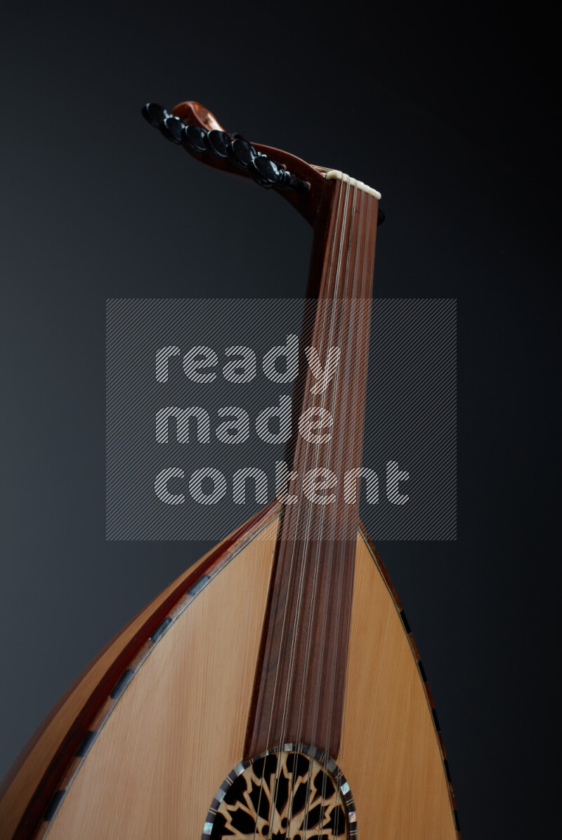 parts of a brown wooden Oud in a gray background