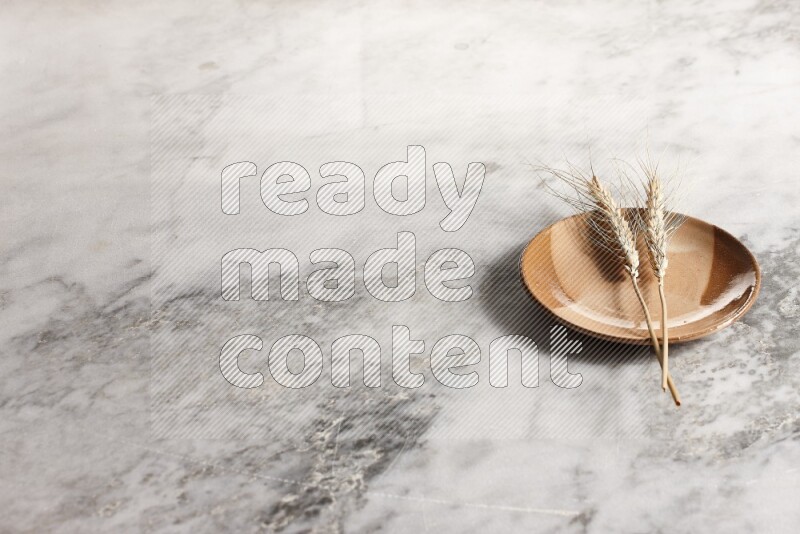 Wheat stalks on multicolored pottery plate on grey marble background