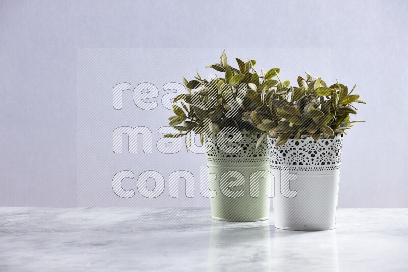 Two different artificial plants in white and green decorative pots on grey marble background
